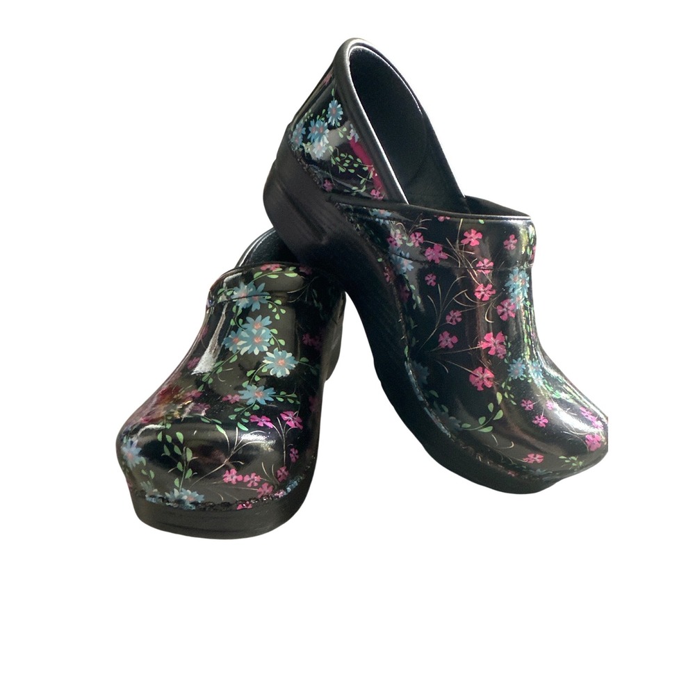 Dansko Professional Floral Patent Leather Clogs Black Multi Color (WM 35)WM SZ 5